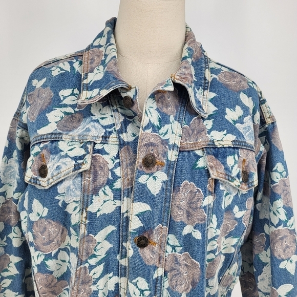 Vintage Floral Print Denim Jacket Button Up Blue Jean Large Judy - Picture 5 of 9